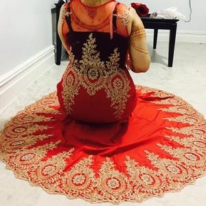 Red mermaid dress with gold lace